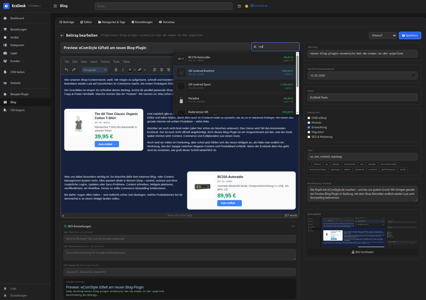 Preview: eComStyle tüftelt am neuen Blog-Plugin