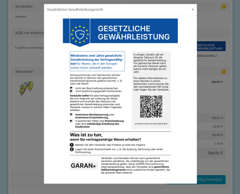 Zweite Ansicht der EU-Gewährleistungs- und GARAN-Label im OXID eShop